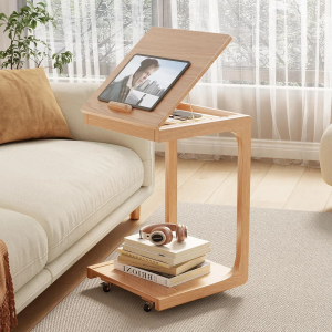 KASLANDI C Shaped Table for Couch, C Table with Wheels,Wooden Couch Table Adjustable Desktop for Living Room, Bedroom - Natural Color