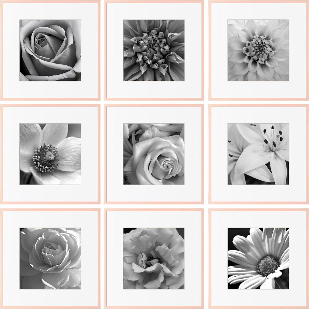 eletecpro 12x12 Aluminum Picture Frames Set of 9 Minimalist Gallery Wall Frame Set Display 8x8 Photo with Mat or 12x12 No Mat, Sleek and Elegant Collage Frames for Wall Decor, Rose Gold