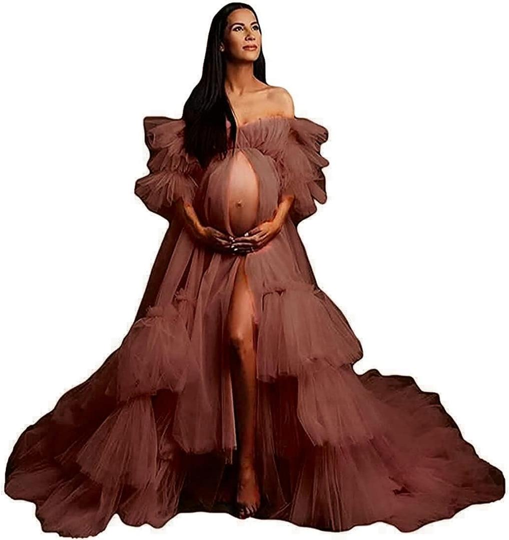 Fluffy Tulle Robe for Women Maternity Dresses Photoshoot Long Sheer Bridal Robe Old Hollywood Robe Lingerie (3X-Large, Light Brown)
