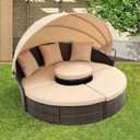 HomSof 5 Piece Rattan Round Lounge with Canopy Bali Canopy Bed Outdoor, Wicker Outdoor Sofa Bed with Lift Coffee TableBeige