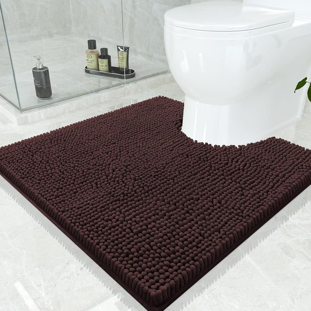 Smiry Luxury Chenille Toilet Rugs U-Shaped 24x24, Soft Absorbent Non-Slip Contour Bathroom Rugs for Toilet, Machine Washable Contoured Bath Mats, Brown