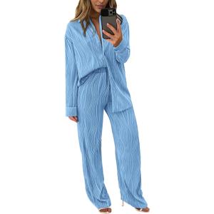 PrettyGarden Women's 2 Piece Sets 2026 Fall Casual Textured Button Down Shirt Wide Leg Pants Outfits Loungewear Tracksuit, L