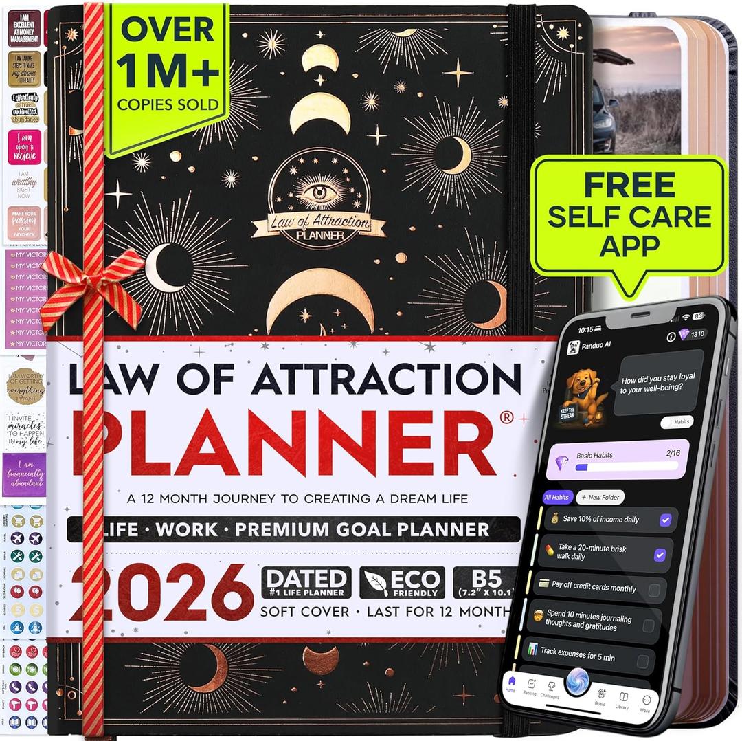 Deluxe 2026 Planner Weekly and Monthly | Law of Attraction Planner with Productivity App | 12-Month for Productivity, Gratitude & Goal Setting | Includes Foldable Vision Board, Gift Box & Stickers, B5 18.29 x 25.65 cm
