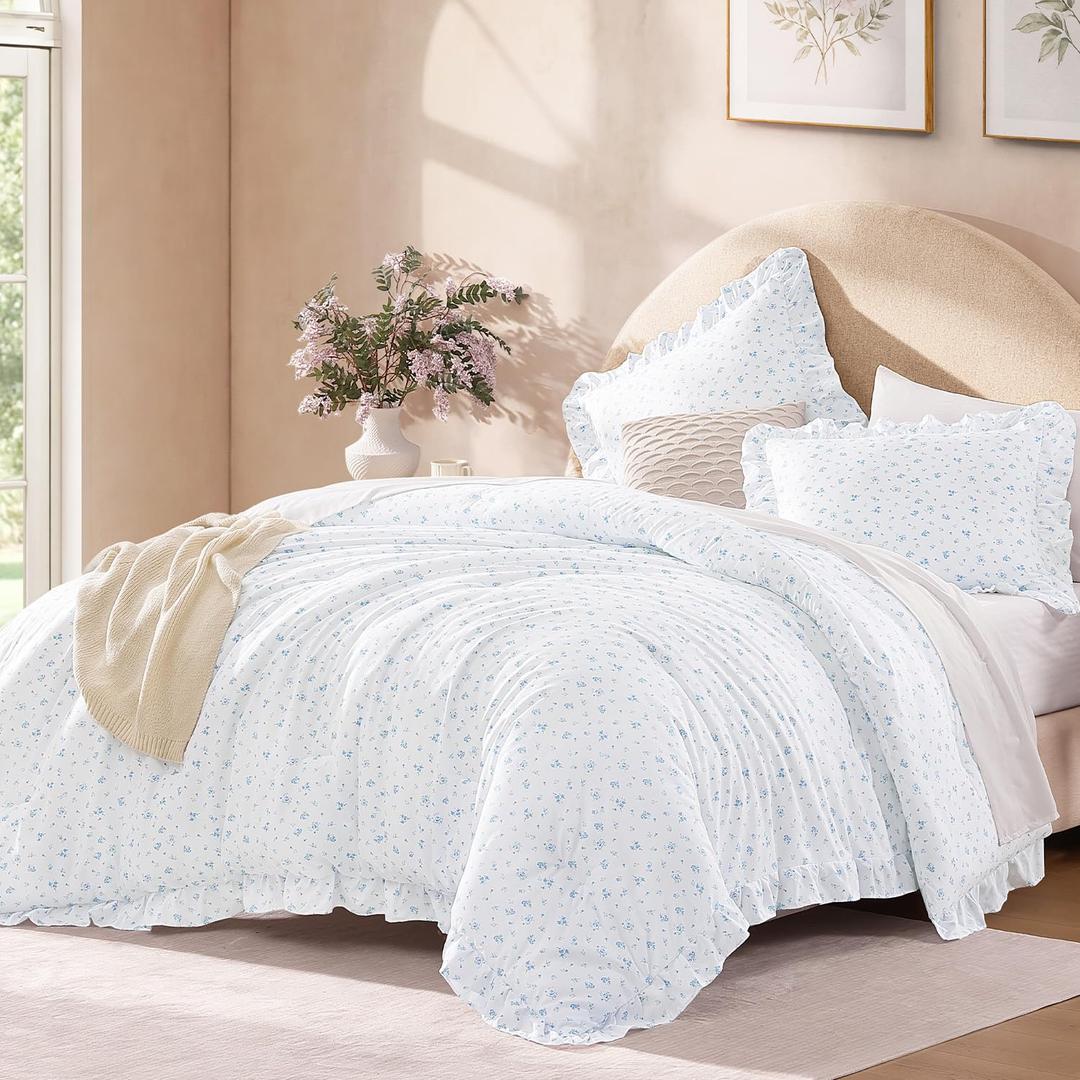 Andency Blue Floral Ruffle Comforter Full, Flower Printed Bedding Set