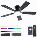 Ceiling Fans with Lights, 48 inch Low Profile Ceiling Fan with Light and Remote Control, Flush Mount RGB Dimmable Light, Noiseless, Brown Ceiling Fan for Bedroom Indoor/Outdoor Use