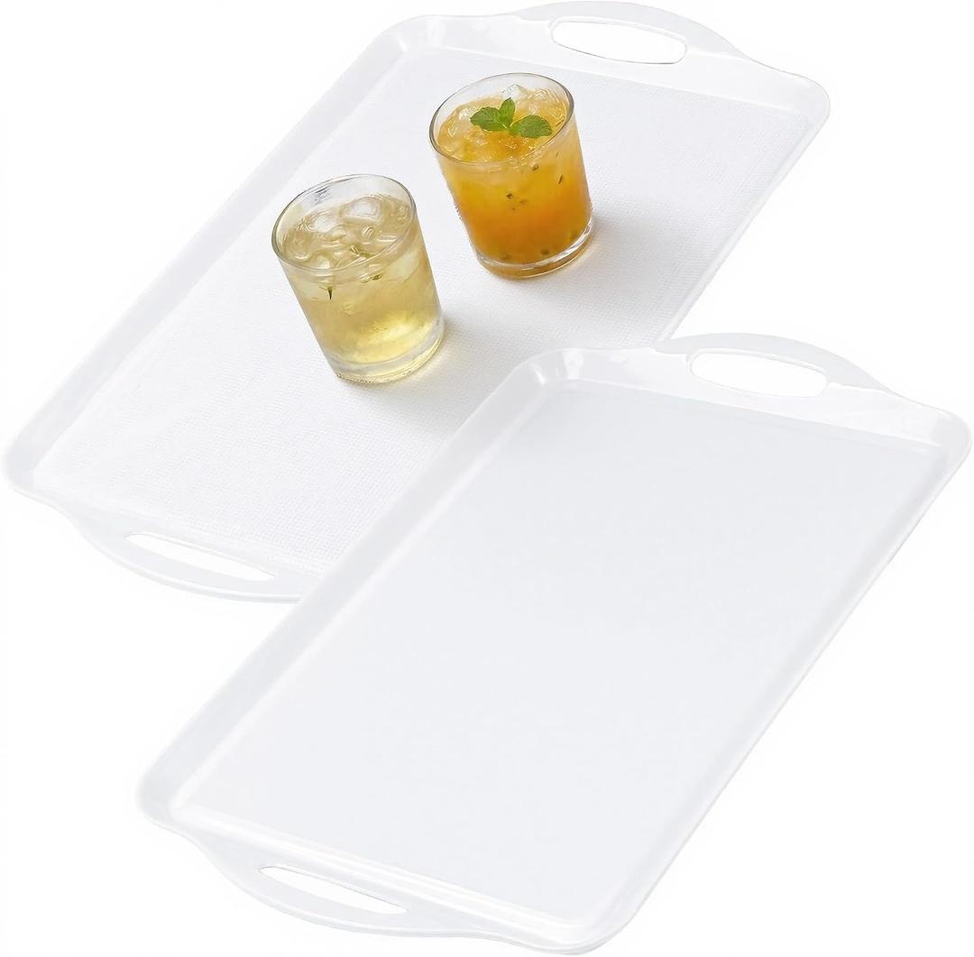 Extra Large White Serving Tray with Handles, 19''x11.6'' Melamine Platters, Ottoman Tray for Serving Food, Turkey, Cookie, Cupcakes, Desserts, Dishwasher Safe, Set of 2,Mats Included