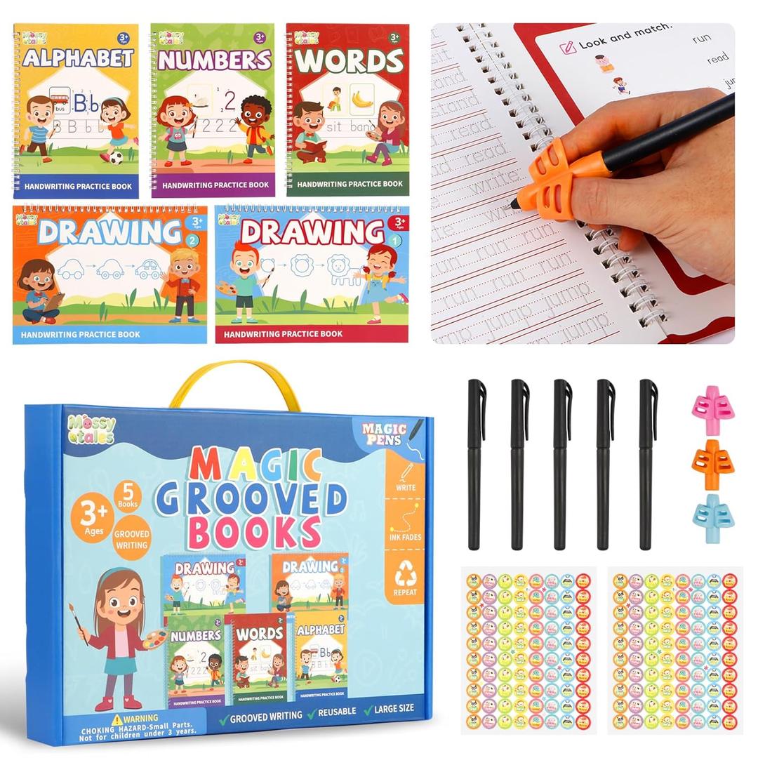 Magic Grooved Handwriting Practice Book for Kids Ages 3-8, Reusable Tracing Workbooks with Auto-Disappearing Ink, Preschool Learning Activities for Toddlers-Gifts for Children
