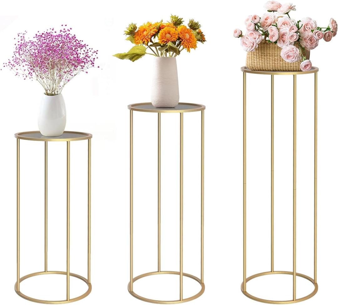 chamvis Gold Metal Plant Stand, 3 Pcs Tall Cylinder Pedestal Stands for Parties and Weddings, Gold Round Cylinder Tables for Living Room and Patio Decor