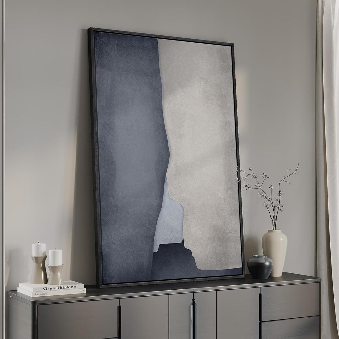 Framed Blue Abstract Wall Art, 1 Piece Large Modern Canvas Prints Paintings Artwork for Walls, Minimalist Blue Gray Cool Tones Pictures for Living Room Bedroom Dining Room Hallway Wall Decor 24x36 In