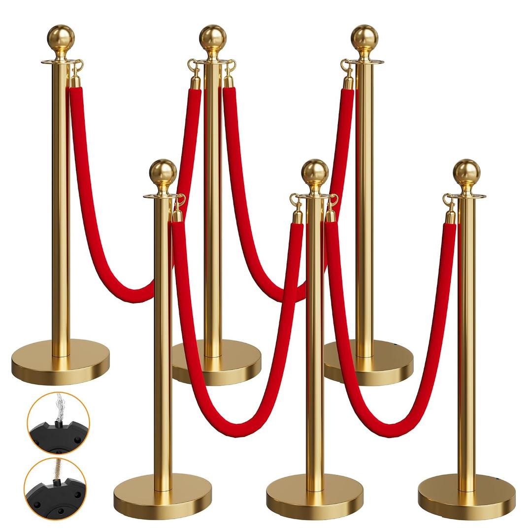 6 Pack Gold Stanchions and Velvet Ropes Set, Stainless Steel Crowd Control Barriers, 4Pcs Red Carpet Ropes and Poles for Party Supplies,Photobooth Accessories, Prom,Birthday,Business,Wedding, Museums