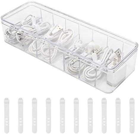 Wiwaplex Cable Organizer Storage Box Plastic Cable Cord Management Box Power Cord Organizer Case with 10Pcs Rubber Ties for Office, Home, Desk Accessories Storage Stationery Supplies