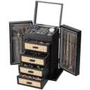 Jewelry Organizer, Rattan Jewelry Box, 5 Layer Wooden Jewelry Organizer Box with Mirror, Jewelry Boxes with 4 Drawers for Women Men, Black Jewelry Storage for Rings Earrings Necklaces Bracelets Watch