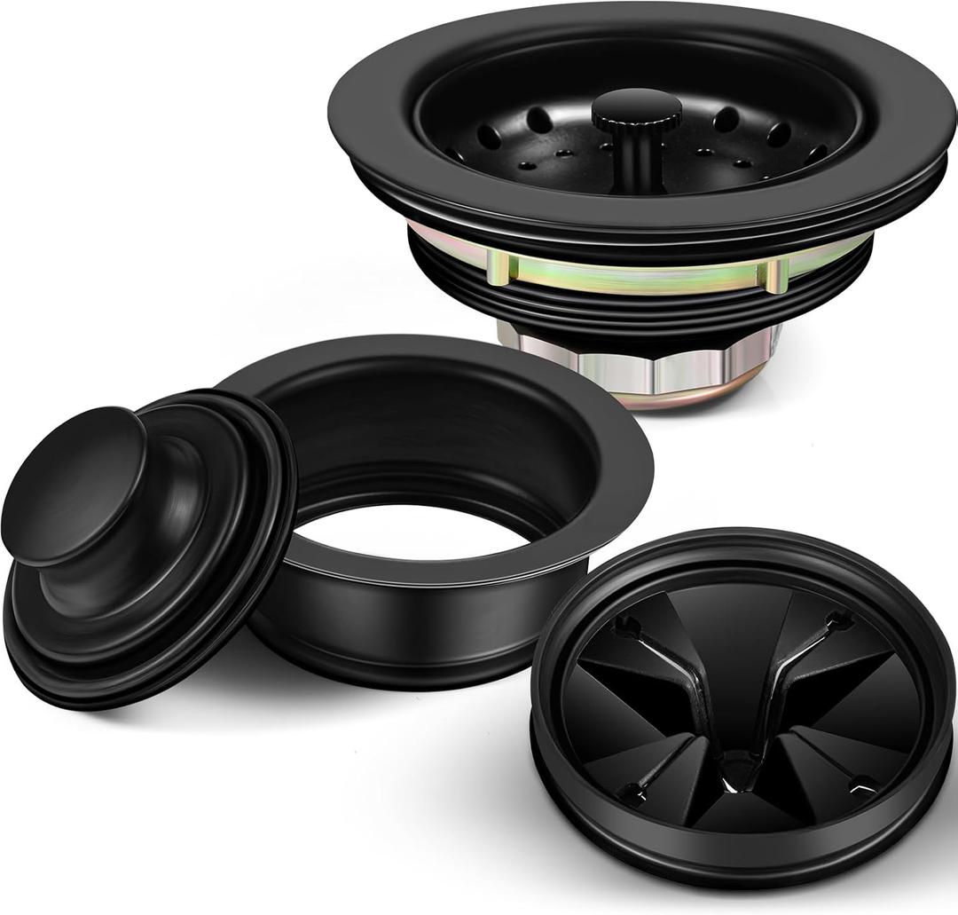 Zonon 5 Pcs 3-1/2 Inch Kitchen Sink Drain Strainer Assembly with Sink Garbage Disposal Flange and Stopper, Splash Guard Stainless Steel Replacement Accessories Kit(Black)