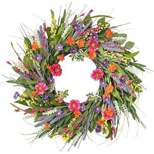 20Inch Spring Summer Wreath, Wildflower Wreath with Green Leaves for Front Door, Lavender Wreath with Eucalyptus Leaves, Daisy Flower Wreath for Outdoor wall Festival Home Farmhouse Wedding Decor