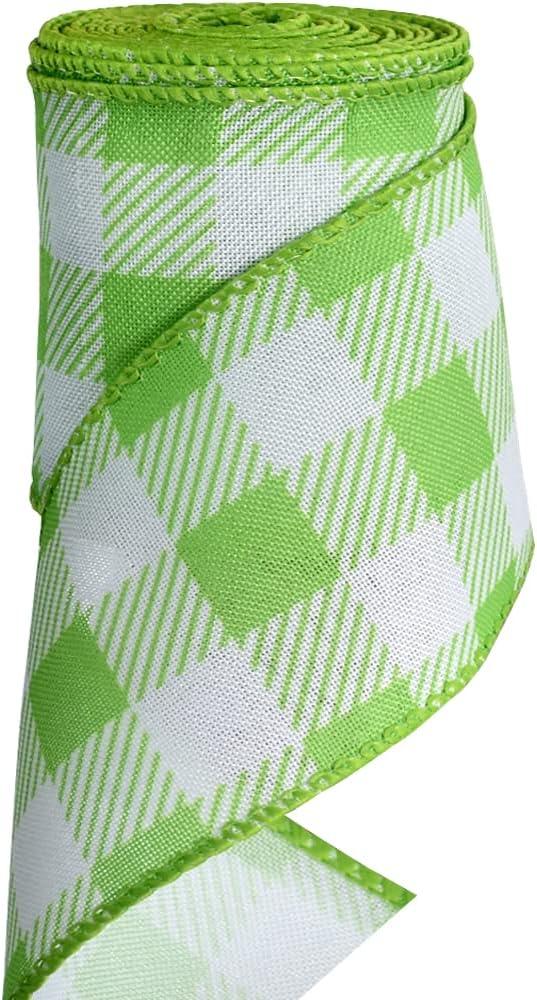 TONIFUL 2.5 Inch Green Plaid Check Burlap Wired Ribbon, Summer Spring Easter Ribbon for Gift Wrapping, Wreath Bows Making, Crafts, Birthday, Baby Shower Home Decoration, Easter Decor, Green, 6yds