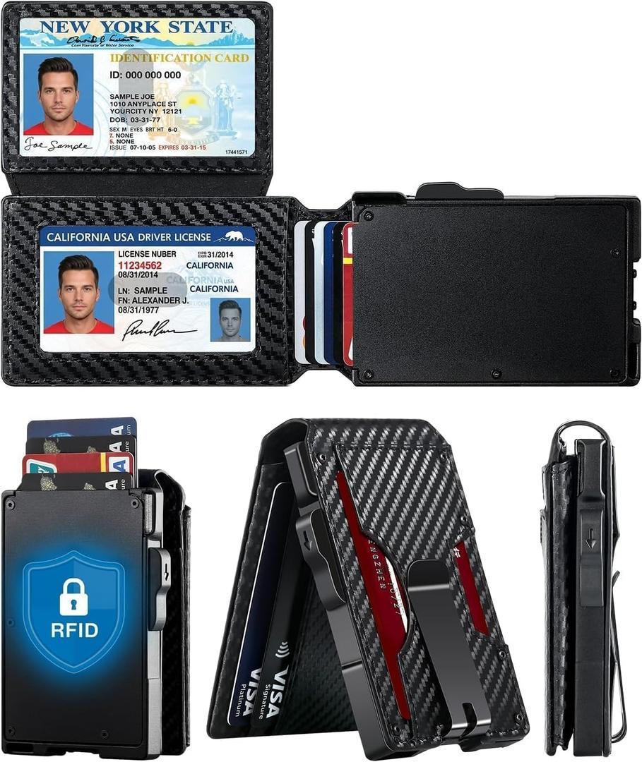 4 x [High-Capacity] Wallet for Men with 2 ID Windows, 15-18 Credit Card Holder, Smart Pop-Up Bifold RFID Blocking Metal Case, Tactical Compact Wallet, Money Clip, Birthday Gifts for Him, Mens Front Pocket