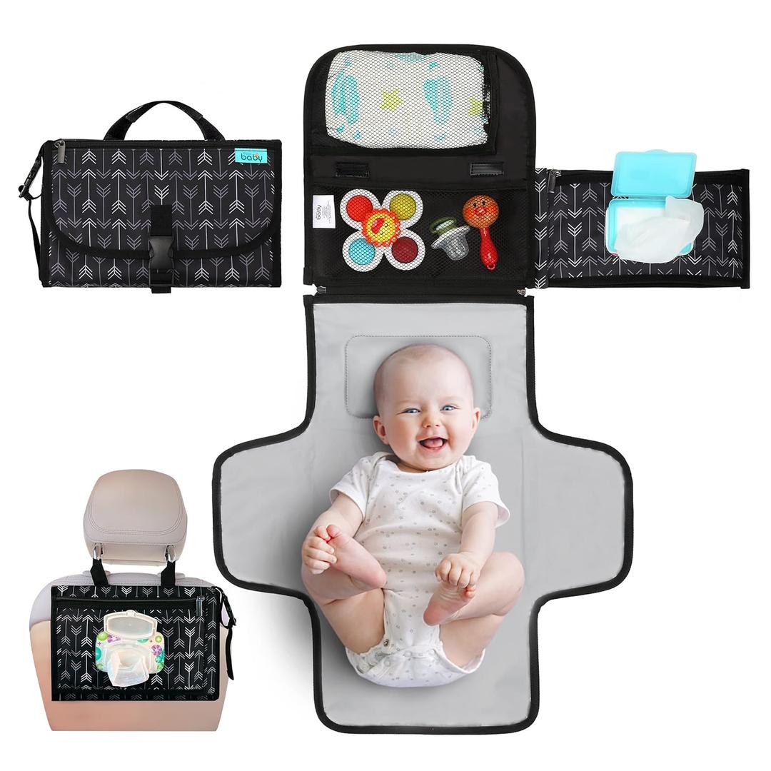 Kopi Baby Portable Diaper Changing Pad - Baby Diaper Changer Travel Bag with Wipes Pocket, Smart Design Portable Changing Mat, Infant Travel Station Kit, Gift for Newborn - Black Arrows, Classic, 
11.5"L x 7"W x 1.5"H
