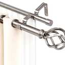 Satin Nickel Double Curtain Rods, Heavy Duty Decorative Drapery Rod 60-107 Inches, Telescoping Drapery Rod with Twisted Cage Finials