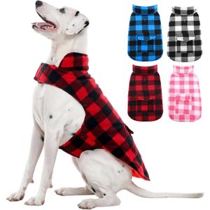 Kuoser Dog Winter Coat, Windproof Dog Fleece Jacket British Style Plaid Cold Weather Doggie Vest Coats, Reversible Cozy Warm Pet Clothes Apparel for (Large, Red)