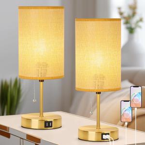 Set of 2 Table Lamp with 2 USB, Vintage Bedside Lamps for Bedrooms, Nightstand Lamps with Pull Chain, Bamboo Woven Desk Lamps with Rattan Lampshade and Gold Metal Base for Bedroom Living Room Desk (Grey1)