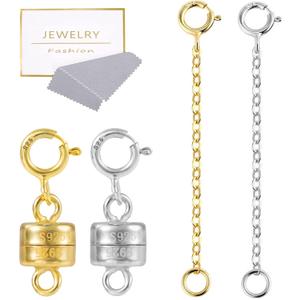 4Pcs Layering Magnetic Necklace Clasps and Extender Chain, 925 Sterling Silver Magnetic Necklace Connector Multi Strands Clasps for Layered Bracelet Necklaces Jewelry Crafts (White Gold, 14K Gold)