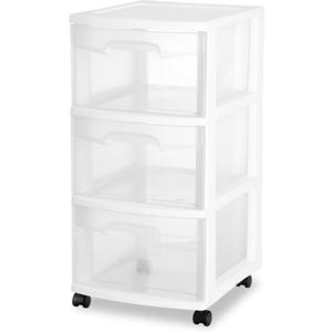 Sterilite 2 Pack Plastic Storage Organizer, 3 Drawer Rolling Bin Cart, Closet Organization, White