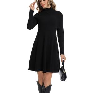 Long Sleeve Dress for Women Turtleneck Ribbed Knit A-Line Flowy Casual Elegant Fall Winter Fashion Short Dresses, Size: X-Large