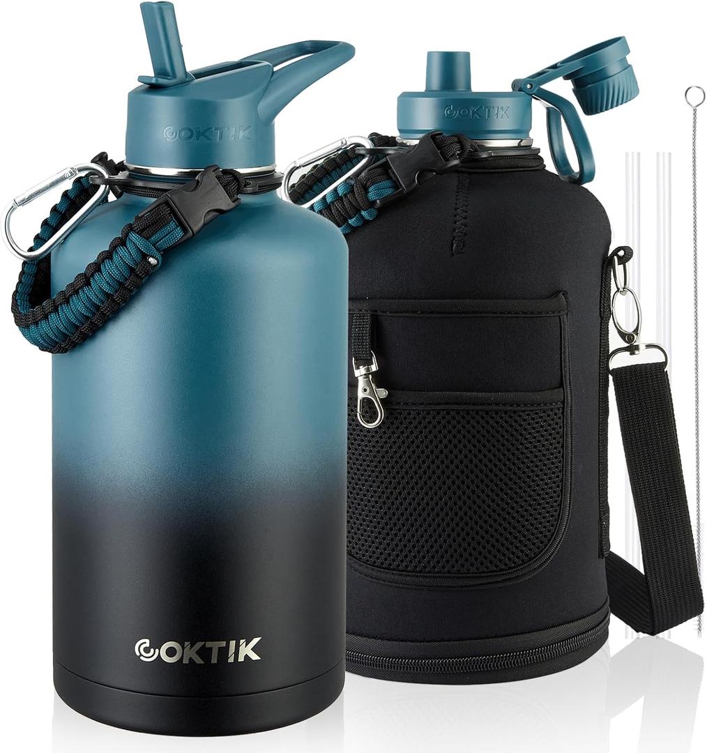 COKTIK 84oz Insulated Water Bottle - Stainless Steel Vacuum Metal, Portable Gallon Large-Capacity Sports Bottle with Straw, Carry Bag and Handle Strap, Ideal for Gym & HikingDark Night)