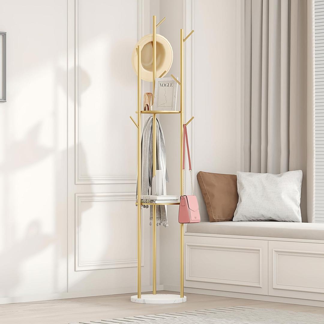 Gold Coat Rack Stand, Metal Coat Racks Tree Hanger Freestanding with 3 Storage Shelves and 9 High-grade Hooks and Stable Marble Base, for JacketsHatUmbrella