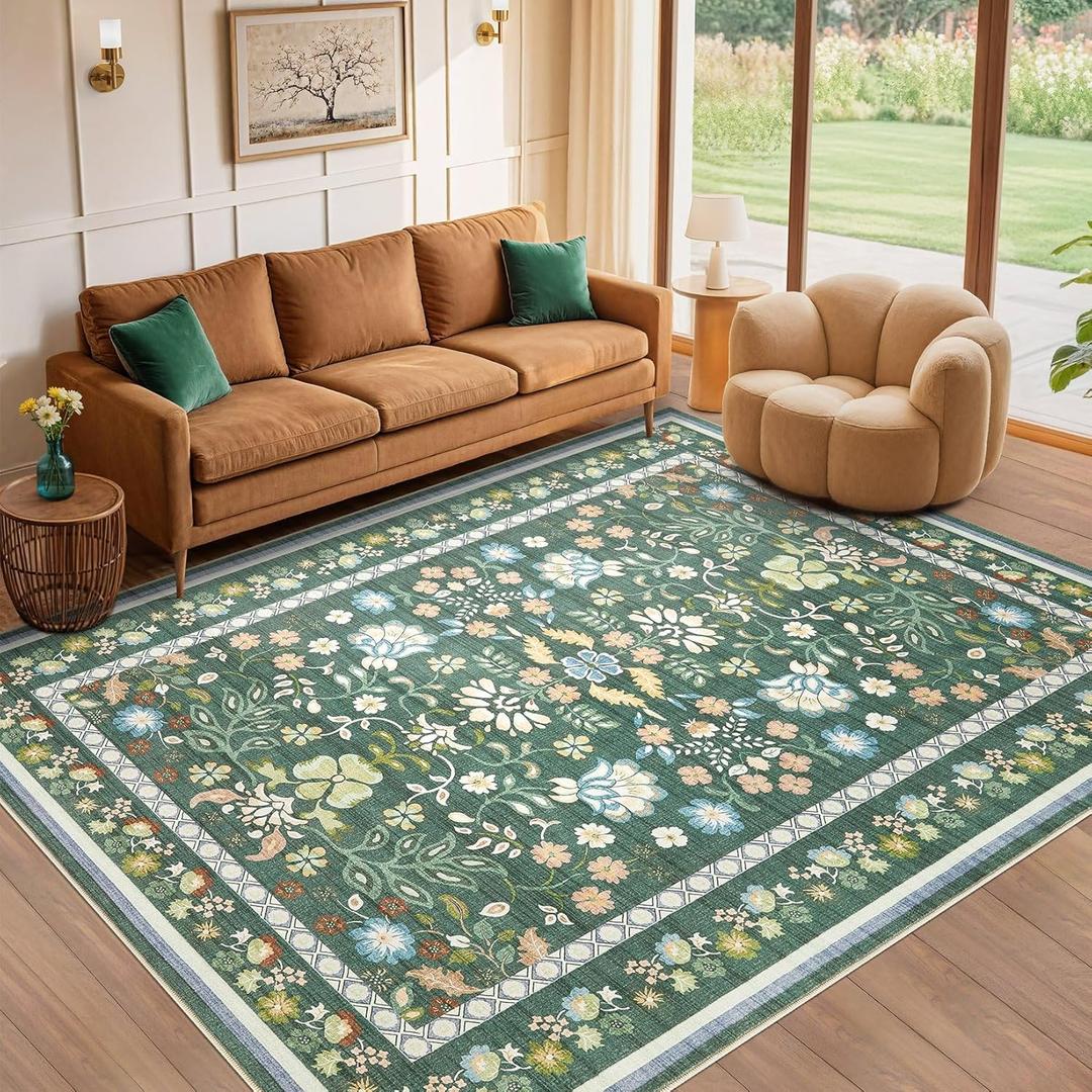 9x12 Area Rug Living Room Rugs - Washable Boho Vintage Floral Large Soft Non Slip Thin Rug Low Pile Carpet for Bedroom Dining Room Kids Playroom Office Decor Indoor- Green