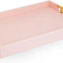 Modern Elegant 18"x12" Rectangle Baby Pink Tray Glossy Shagreen Faux Leather Decorative Ottoman Coffee Table Perfume Dresser Kitchen Serving Tray with Gold Polished Metal Handles.