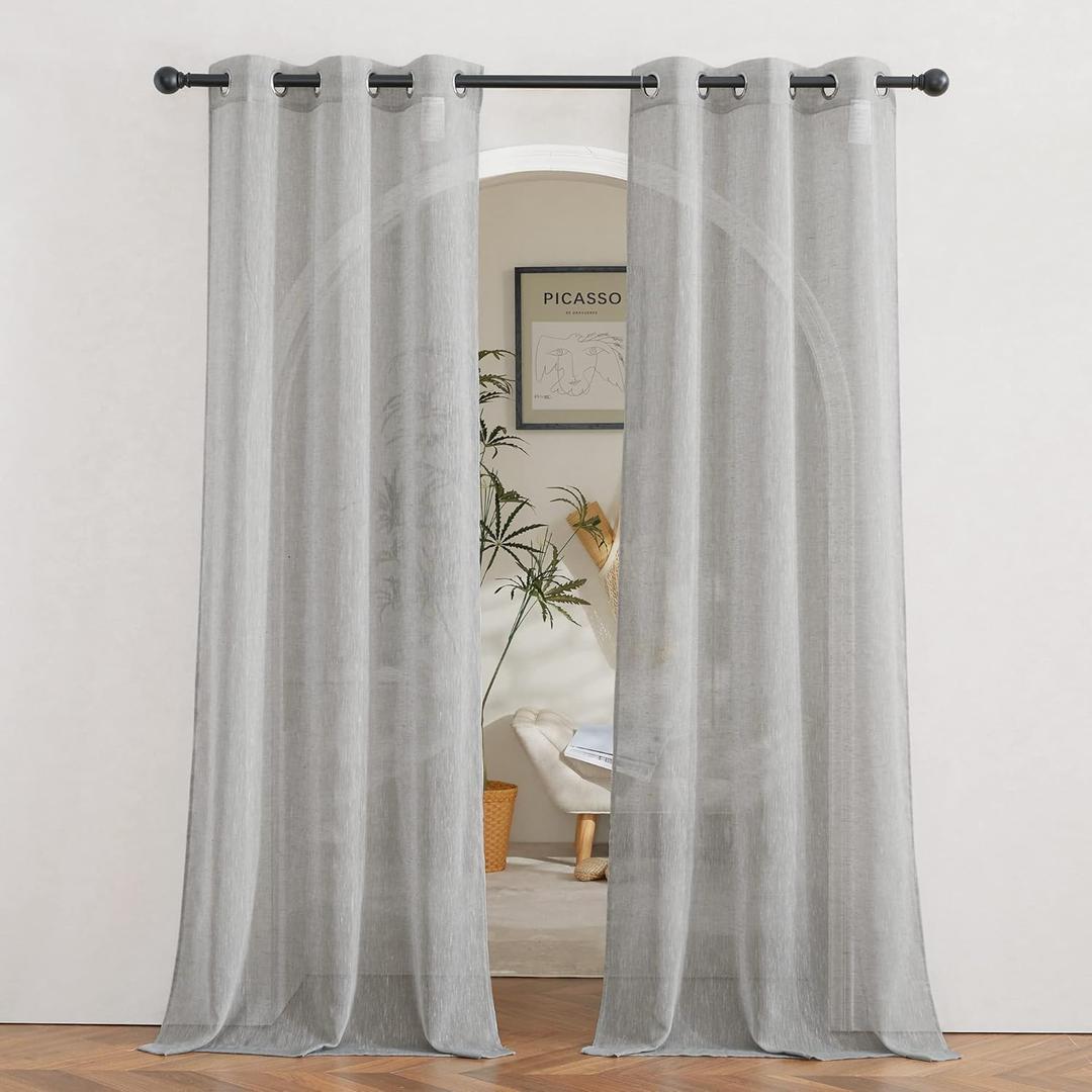NICETOWN Semi Sheer Grey Curtains 84 inches Long, Grommet Linen Weave Semi Sheer Window Drapes Privacy with Light Filtering for Living Room/Bedroom, W36 x L84, 2 Panels