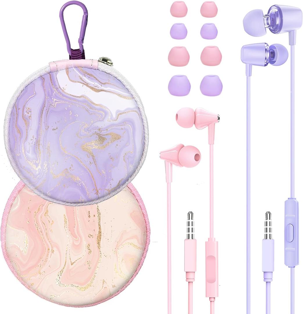 2 Packs of Aesthetic Earbuds Set with case for Kids and Teens for School, Wired Headphones with case and Small Ear Tips, Ear Buds, 3.5mm Earphones for Phone and PC Laptop(Pink-Purple)