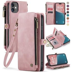 Defencase Compatible with iPhone 11 Case Wallet with RFID Blocking Card Holder for Women and Men, Fashion PU Leather Magnetic Snap Flip Zipper Strap Wallet Phone Case Fit for iPhone 11 6.1", Rose Pink