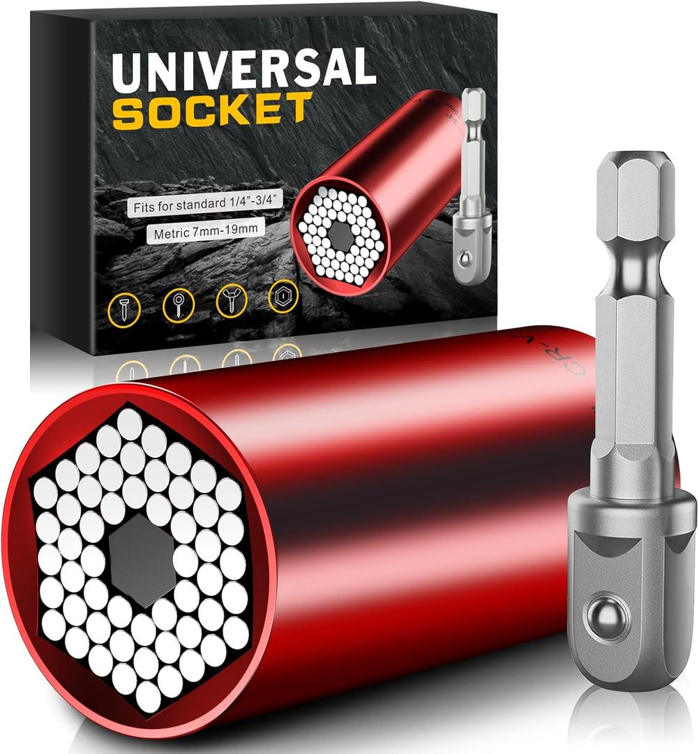Universal Socket Tools Gifts for Men - Christmas Stocking Stuffers for Men Dad Him Husband Women Cool Stuff Ideas Gadgets Birthday Gifts for Dad Grip Socket Set with Power Drill Adapter (7-19mm) Red