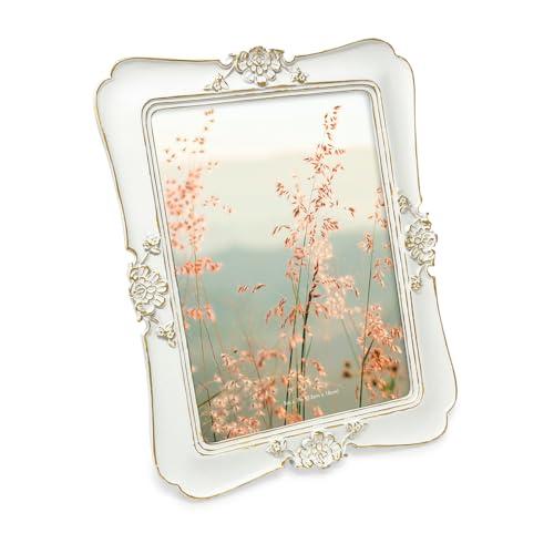 Isaac Jacobs 5x7 Vintage-Inspired Simple Ornate Picture Frame White with Gold Edges, Horizontal & Vertical for Tabletop and Wall Display, Home Décor, Floral, Resin Frame, (5x7, White with Gold)