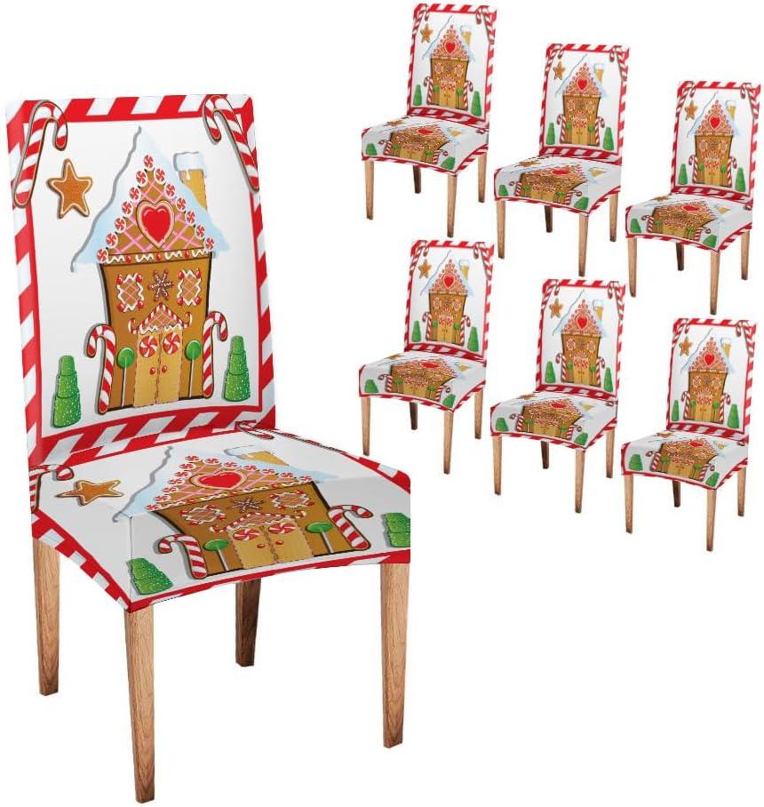 EMMTEEY Christmas Gingerbread Dining Chair Slipcovers Set of 6, Stretch Cute Candy Cane Parson Chair Covers Washable Spandex Chairs Protector for Kitchen Hotel Banquet