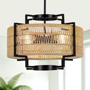 18" Rattan Chandelier, 4-Light Boho Pendant Light for Dining Room