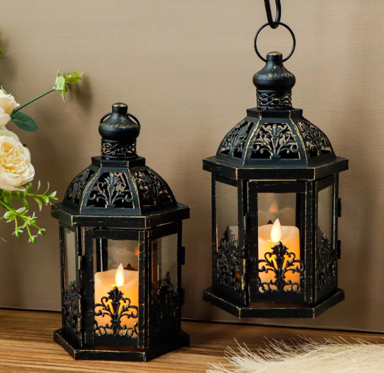 TRIROCKS Set of 2 Vintage Decorative Lanterns 9.5" H Hanging Lantern Metal Candleholder with Tempered Glass for Indoor Outdoor Home Decor Parties Garden Events Wedding(Black with Gold Brush)