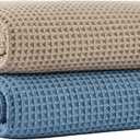 MICROFI New Microfiber Waffle Bath Towels, 2 Pieces, Soft, Absorbent, Fast Drying, Lint Free 430 GSM (Beige+Blue), 30 x 60 inches