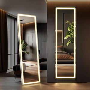DUMOS 16"60" Full Length Mirror with Light, LED Floor Full Body Mirror with 3 Color Lighting, Wall Mounted Stand Mirror for Bedroom, Dressing Room, Living Room, Bathroom (White)
