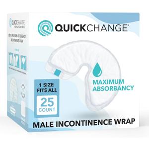 QuickChange Mens Overnight Adult Incontinence Wrap (Pad), Maximum Absorbency, Holds 17oz Dry to The Touch, Disposable, Fragrance Free, One Size Fits All, Catheter Replacement, 25 Count (25)