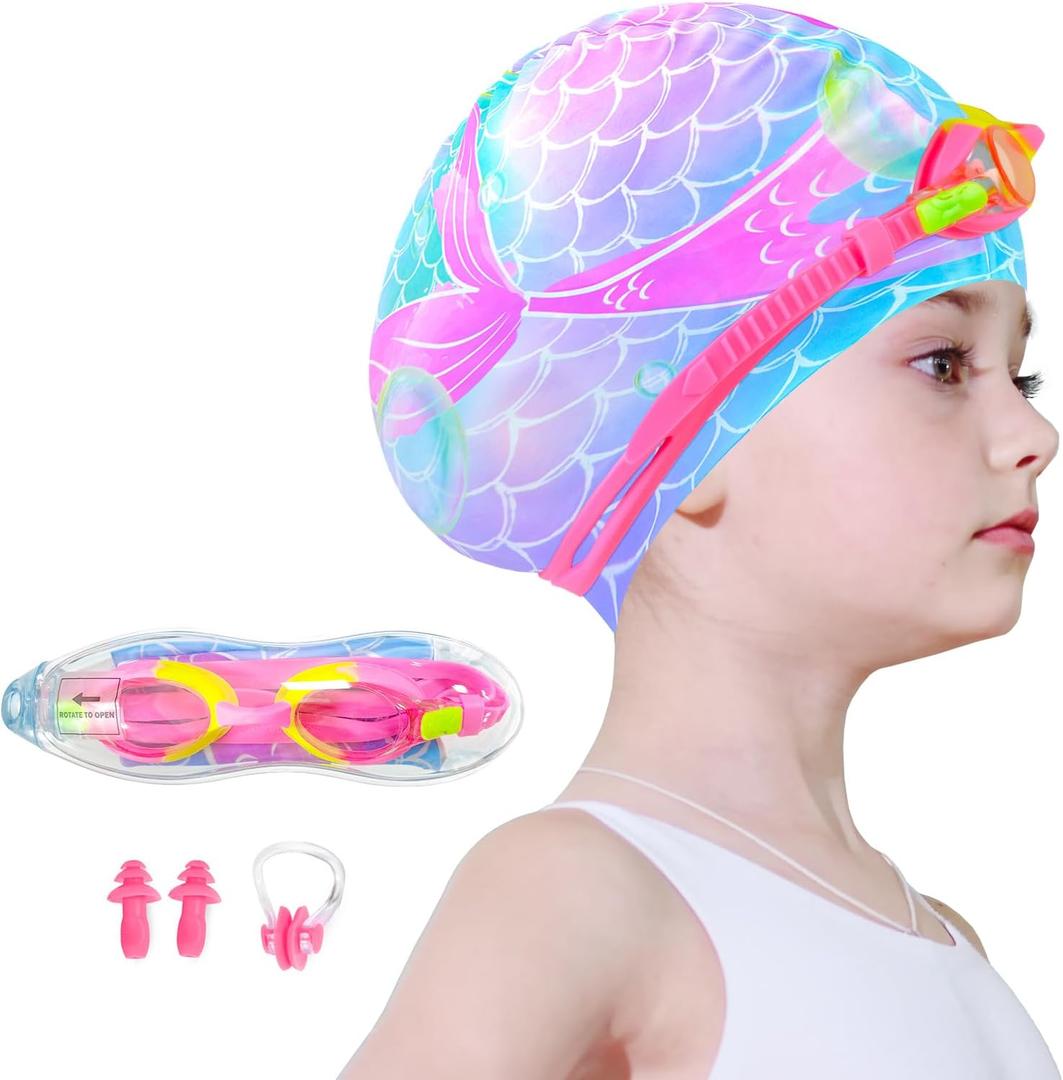 Kids Swim Caps for Girls, Toddler Silicone Swimming Cap for Kids, Durable Comfortable Swimming Caps for Girls (Age 2-6, Blue Mermaid)