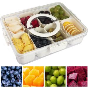 Snackle Box Container, Portable Snack Box - 8 Compartment Divided Serving Tray with Lid - Reusable Refrigerator Snack Fruit Veggie Tray - Perfect for Road Travel Party (1 Pack-8 Compartments)