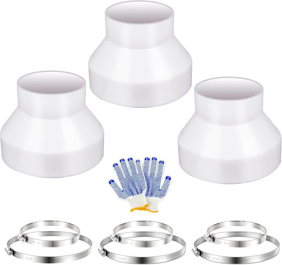 3 Set 6 to 4 inch Duct Reducer Adapter, Air Duct Reducer Increaser with 304 Stainless Steel Hose Clamps, HAVC Pipe Connector for Inline Ventilation Fitting System (6 to 4 Inch), White