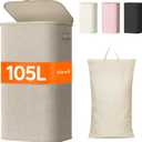 Lifewit 105L Laundry Basket with Lid, Large Laundry Hamper with Plastic Handles and Removable Bag, Foldable Tall Dirty Clothes Hampers for Laundry for Laundry Room, Bedroom, Bathroom, Dorm, Beige