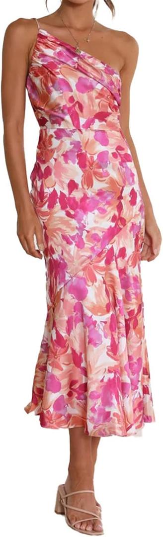 Hotheart Womens Sexy Off Shoulder Sleeveless Ruched Satin Floral Printed Bodycon Party Clubwear Casual Fishtail Dress (Rose Red)б ЧД