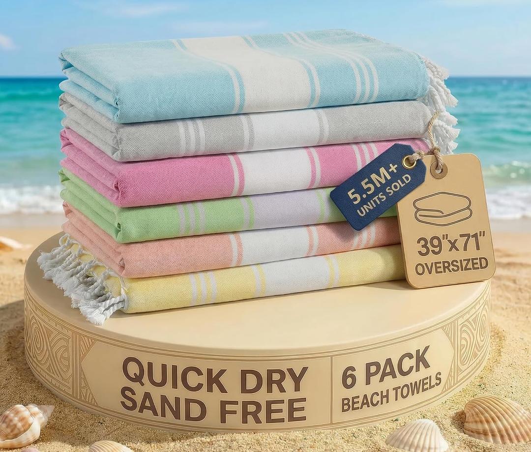 LANE LINEN Turkish Towels Set of 6, Beach Towels Oversized, Pre-Washed Pool Towel, Extra Large Beach Towel, Sandproof Beach Towel, Absorbent Travel Towel,39"x71" - Beach Party, Pack of 6