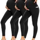 Fotociti 3 Pack Maternity Leggings With Pockets Over The Belly,Womens Pregnancy Workout Yoga Active Soft Tights Pants, Size M