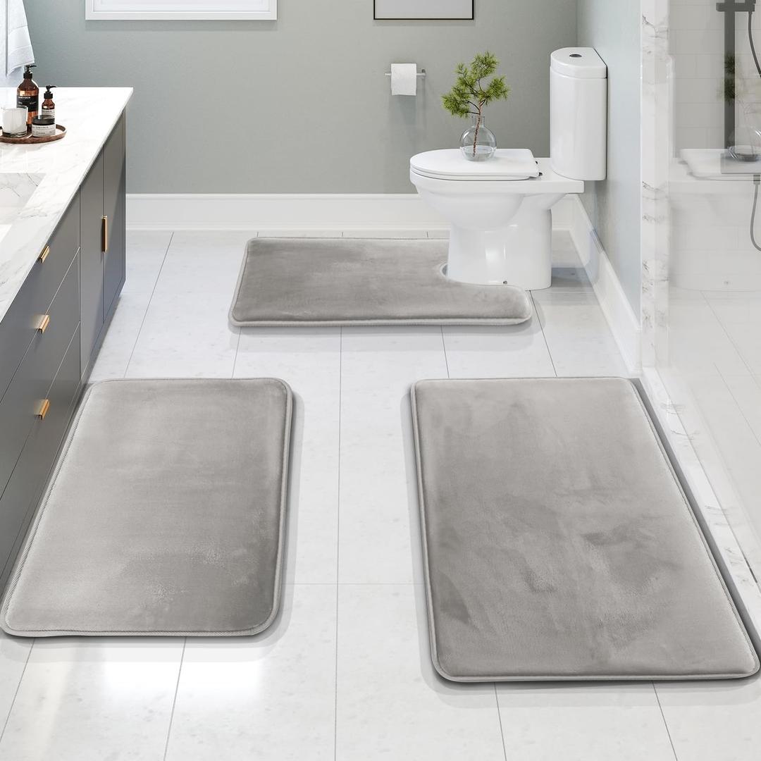 Clara Clark 3 Piece Bathroom Rugs Bath Mat Set, Velvet Memory Foam Bath Mats for Bathroom - Non-Slip, PVC Backing Bath Rugs, Washable - Dries Quickly, Silver